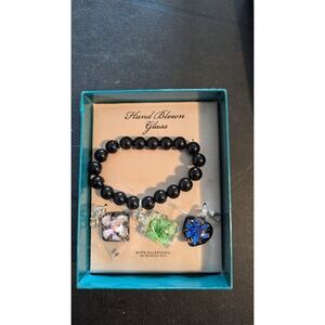 2 Hand Blown Glass Bracelet Black Beads Floral Charm Hypoallergenic Stretch Gift